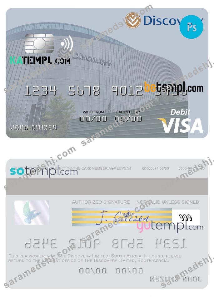 South Africa Discovery Limited visa debit card template in PSD format